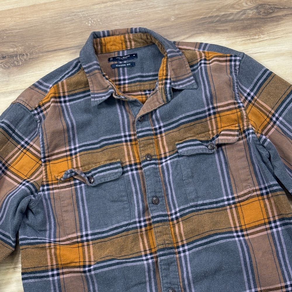 Lucky Brand Flannel Shirt Mens M Heritage‎ Plaid Cotton Stretch Classic Fit Grey